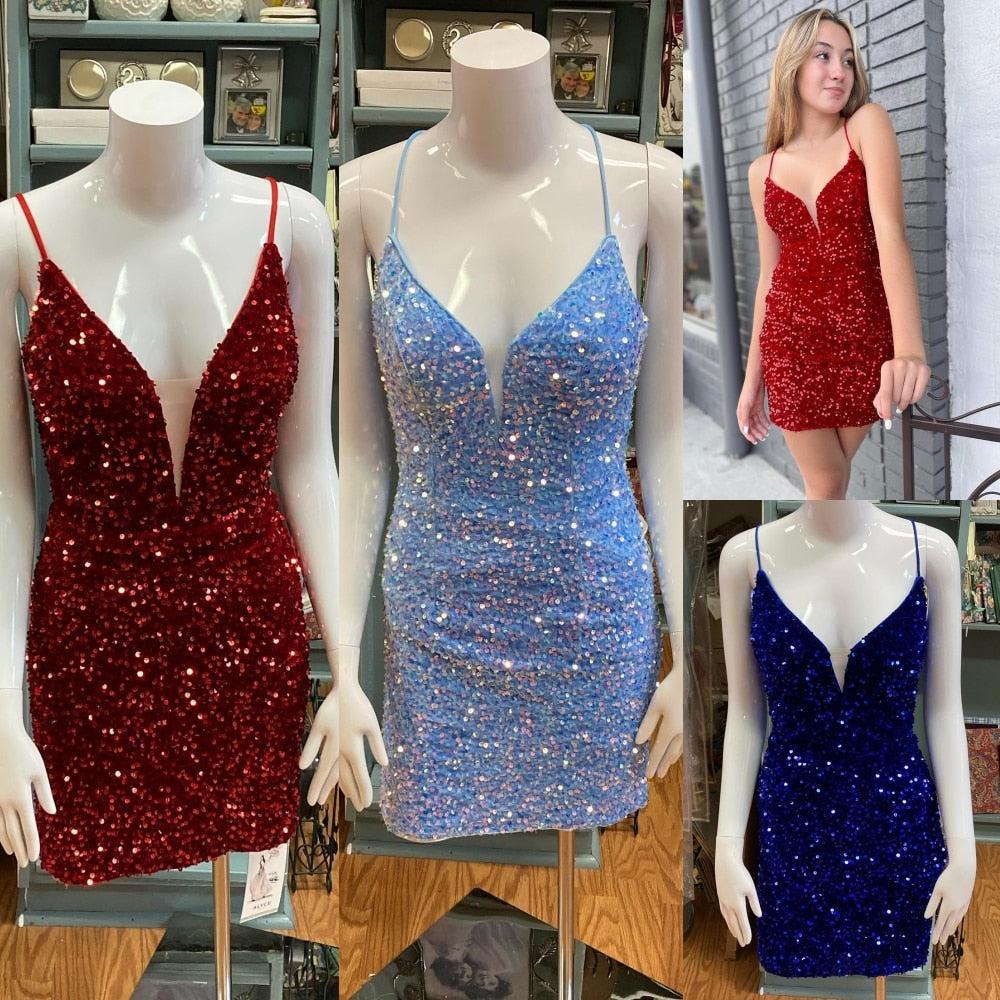 Sequin Velvet Cocktail NYE Dress 2023 Sexy Lady Short Formal Event Homecoming Party Gown Club Night Hoco Gala Interview Red Blue