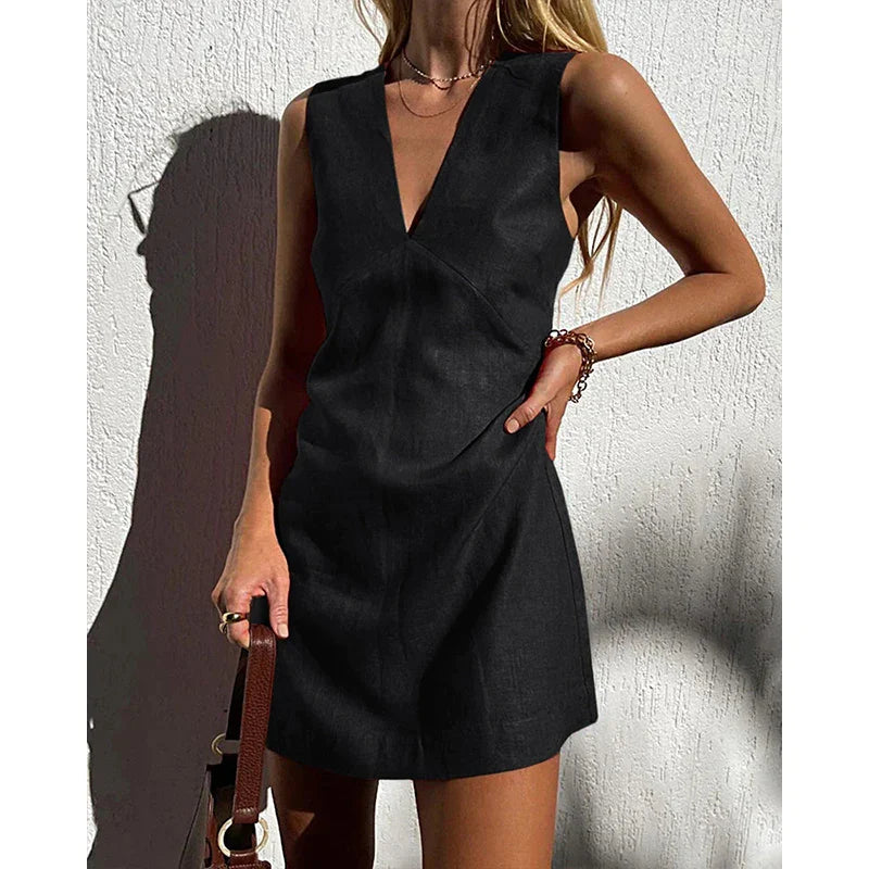 Cotton Linen Womens Dresses Sexy V-Neck Sleeveless Basic Tank Dress Chic Elegant Ladies Dresses Summer Sale Vestidos Para Mujer black