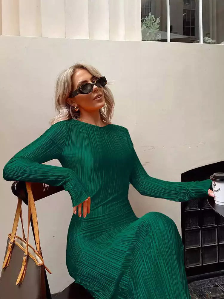 Autumn Striped Ruched Ruffle Sexy Y2K Clothes Long Sleeve Bodycon Midi Dresses For Women Club Party Elegant Outfit dark green