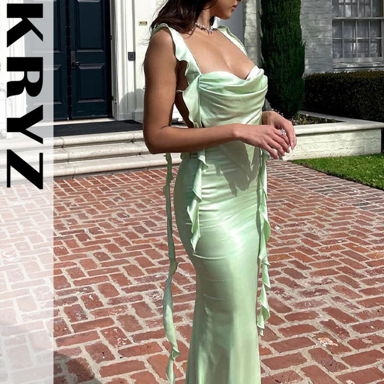 Ladies Summer Ruffle Y2K Clothes Sleeveless Backless Bandage Bodycon Maxi Dresses For Women Fashion Birthday Party Club Wear