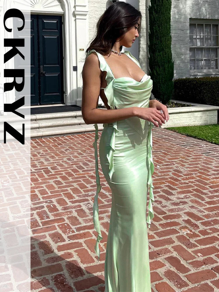 Ladies Summer Ruffle Y2K Clothes Sleeveless Backless Bandage Bodycon Maxi Dresses For Women Fashion Birthday Party Club Wear