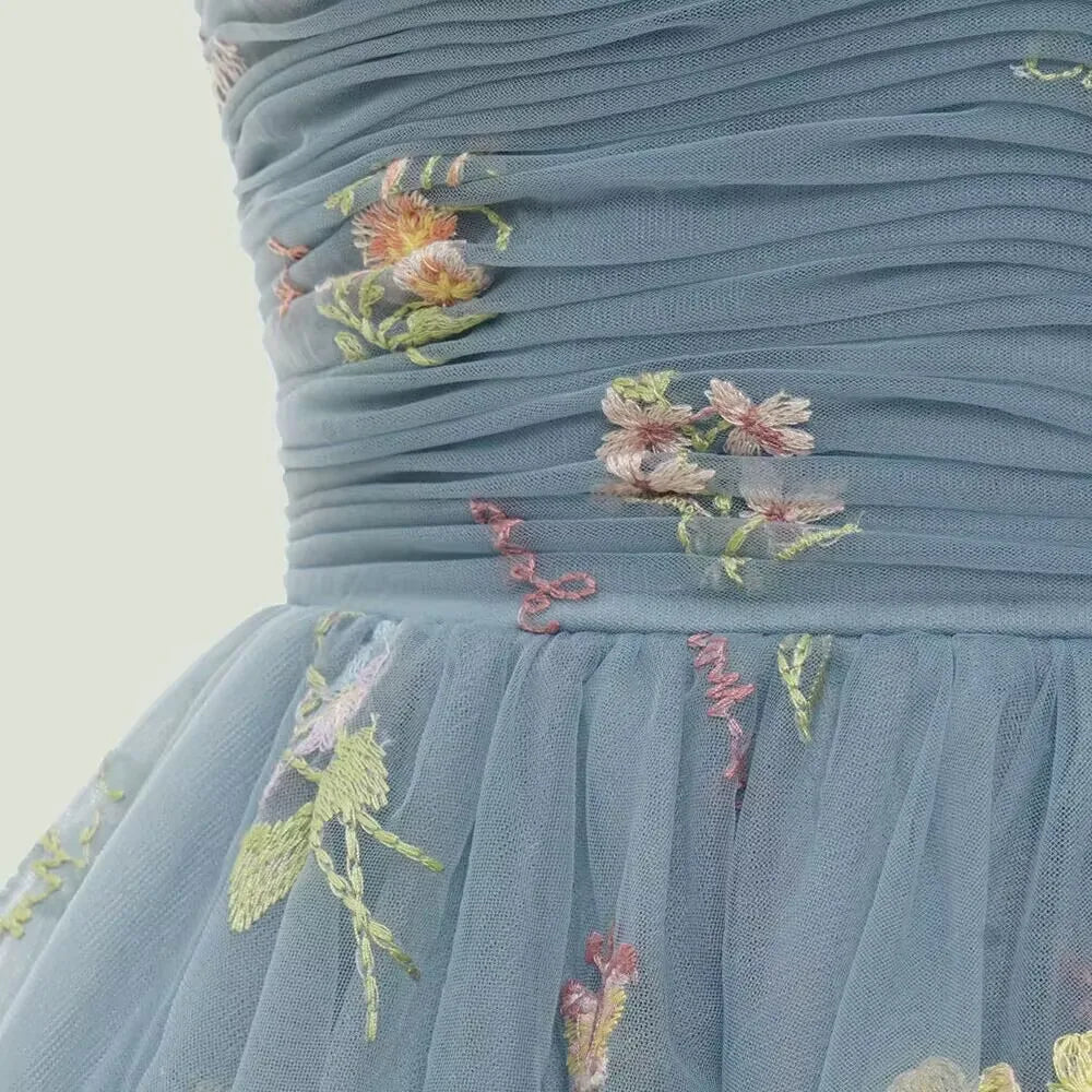 Fairy Forest Green Short Prom Dresses Spaghetti Straps Colorful Flowers Lace Evening Party Blue