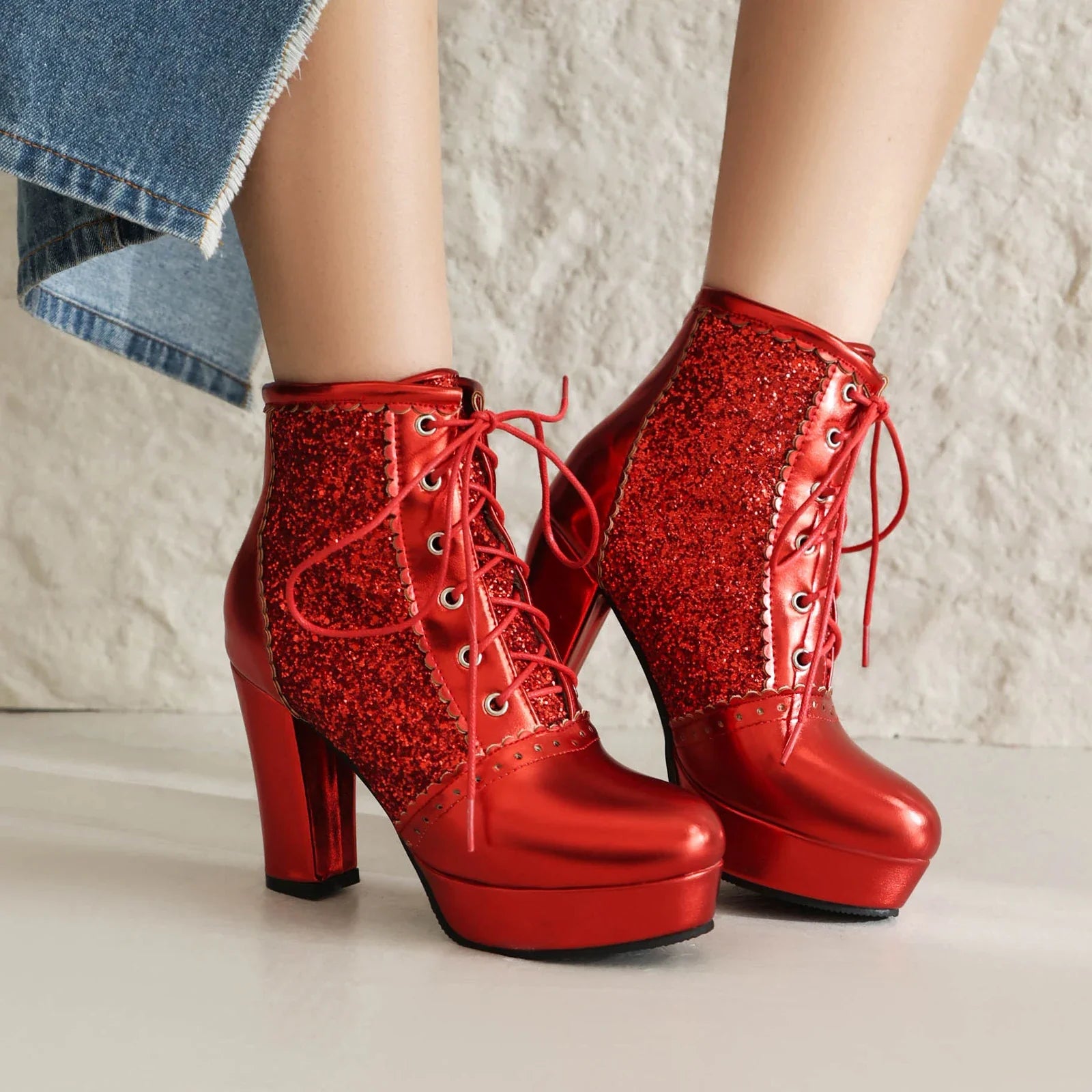 Women Ankle Boots Gold Silver Red Platform Shoes Elegant Studded Sequin Lace Up Autumn Winter Comfy Stable Chunky High Heels