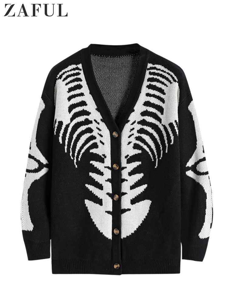 ZAFUL Men's Sweater Cardigan for Halloween Skeleton Pattern Button Fly Cardigans Autumn Winter V-Neck Long Sleeves Sweater Coats Black