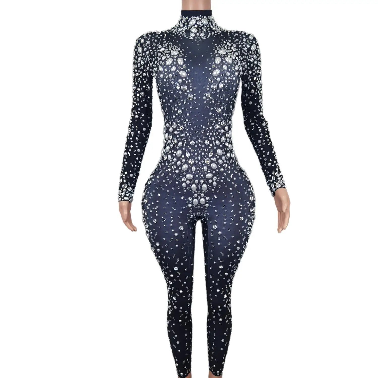 Evening Birthday Celebrate Sexy Rompers Prom Party Singer Costume Show Wear Big Pearl Bling Silver Stones Mesh Jumpsuit Black Spandex Style
