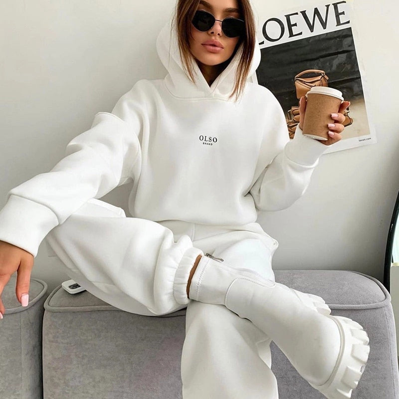 Women Tracksuit Autumn Winter Warm Hoodies Top Suits Casual Hooded Sweatshirts And Jogging Pants Outfits Sweatpants 2 Piece Sets White
