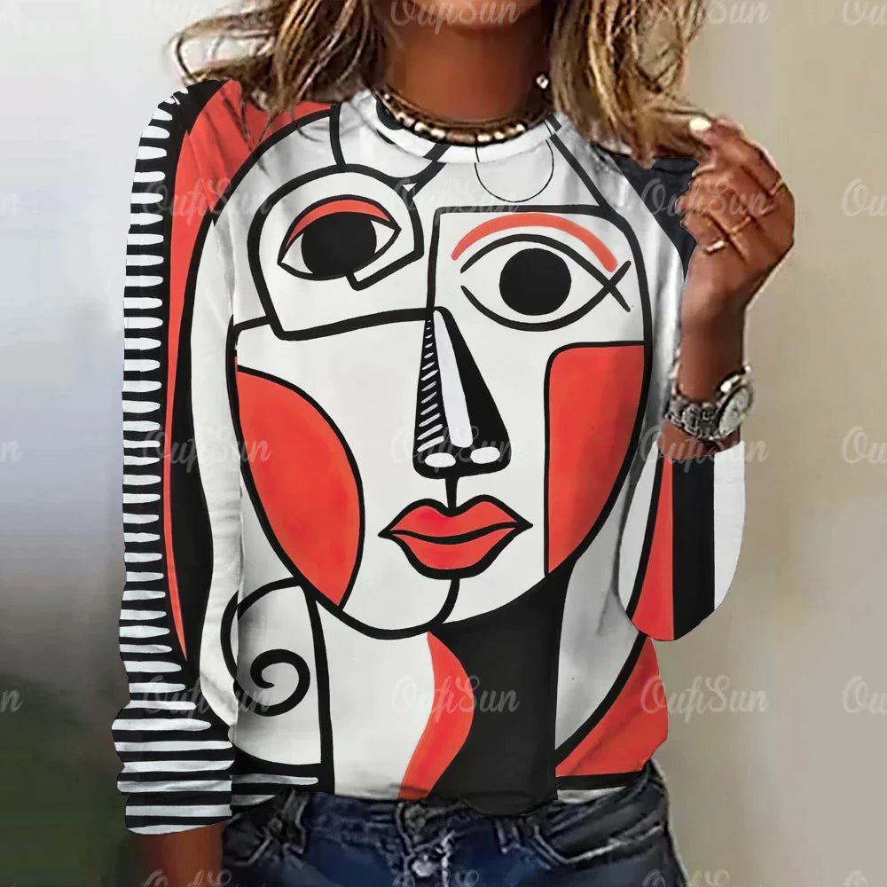 Autumn Funny Face Painting Women's Long Sleeve Top T-Shirts Girls Harajuku Colorful Gothic Tee Oversized Female Fashion Clothing W010203-SM10568