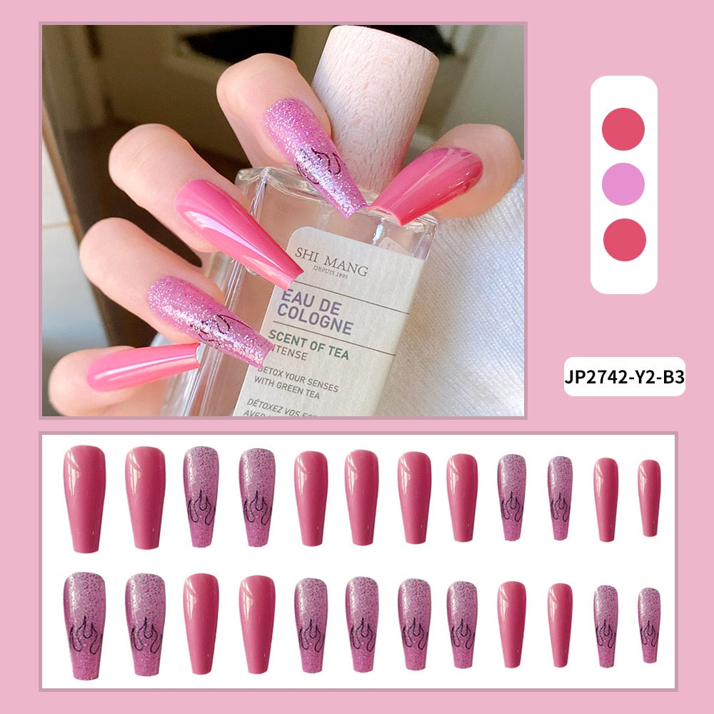 Sea Wave Carp Japanese Style Doodle False Nails Detachable Nude Pink Long Coffin Fake Nails with Glue Full Cover Press on Nails MT579JP2742Y2B3