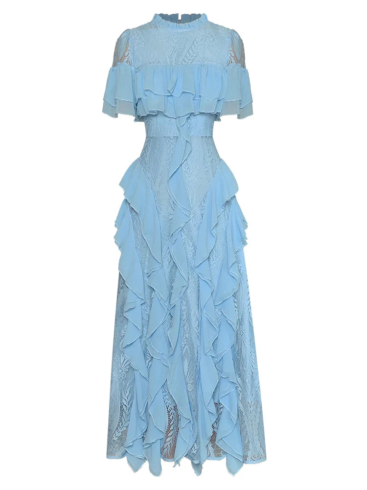 Summer Runway Ruffles Patchwork Lace Dresses for Women Blue Elegant Short Sleeve Party Dress Fashion Holiday Vestidos