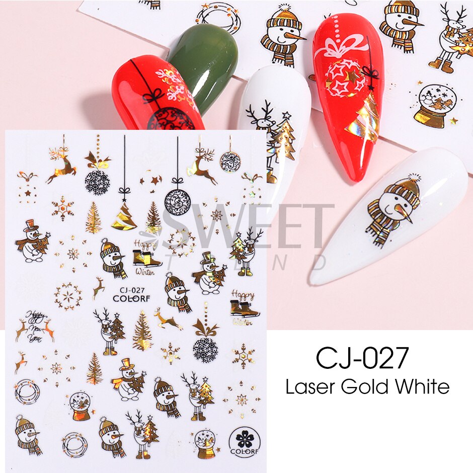 Snow Bird Winter Autumn Nail Art Stickers Maple Leaf Cotton Flower Fall Design Line Adhesive Sliders Manicure Decoration JINO-48 CJ-027 White Gold