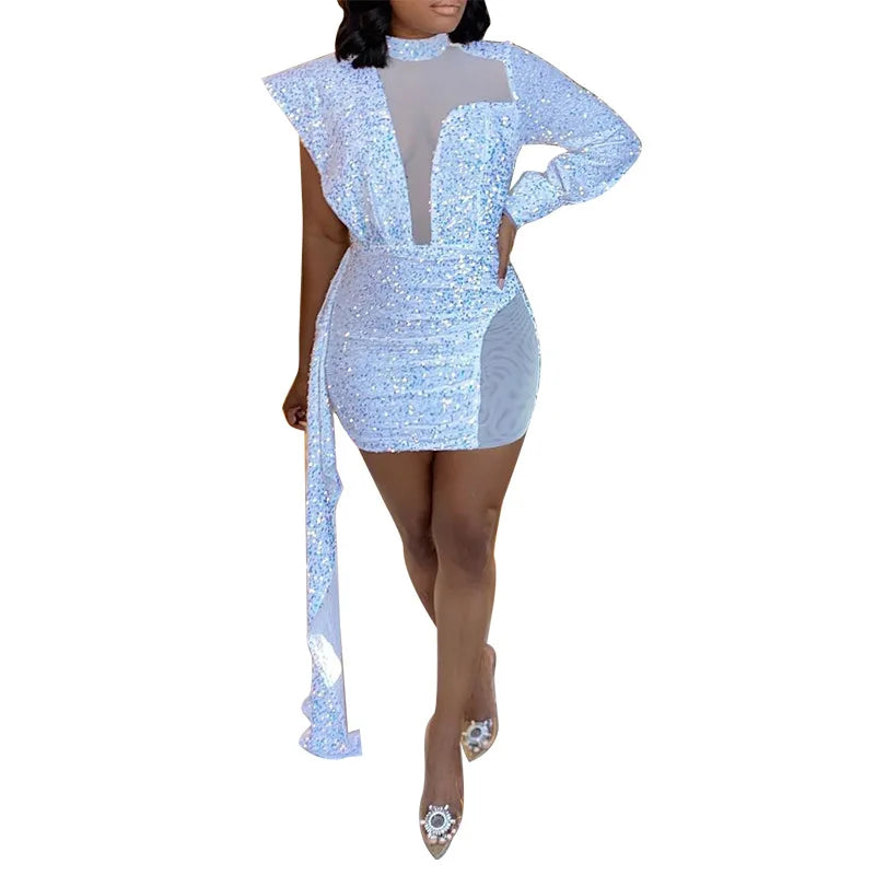 Women Sequin Mini White Dress Party See Through High Neck Sexy Long Sleeve Bodycon Tail Short Evening Elegant Dresses WHITE