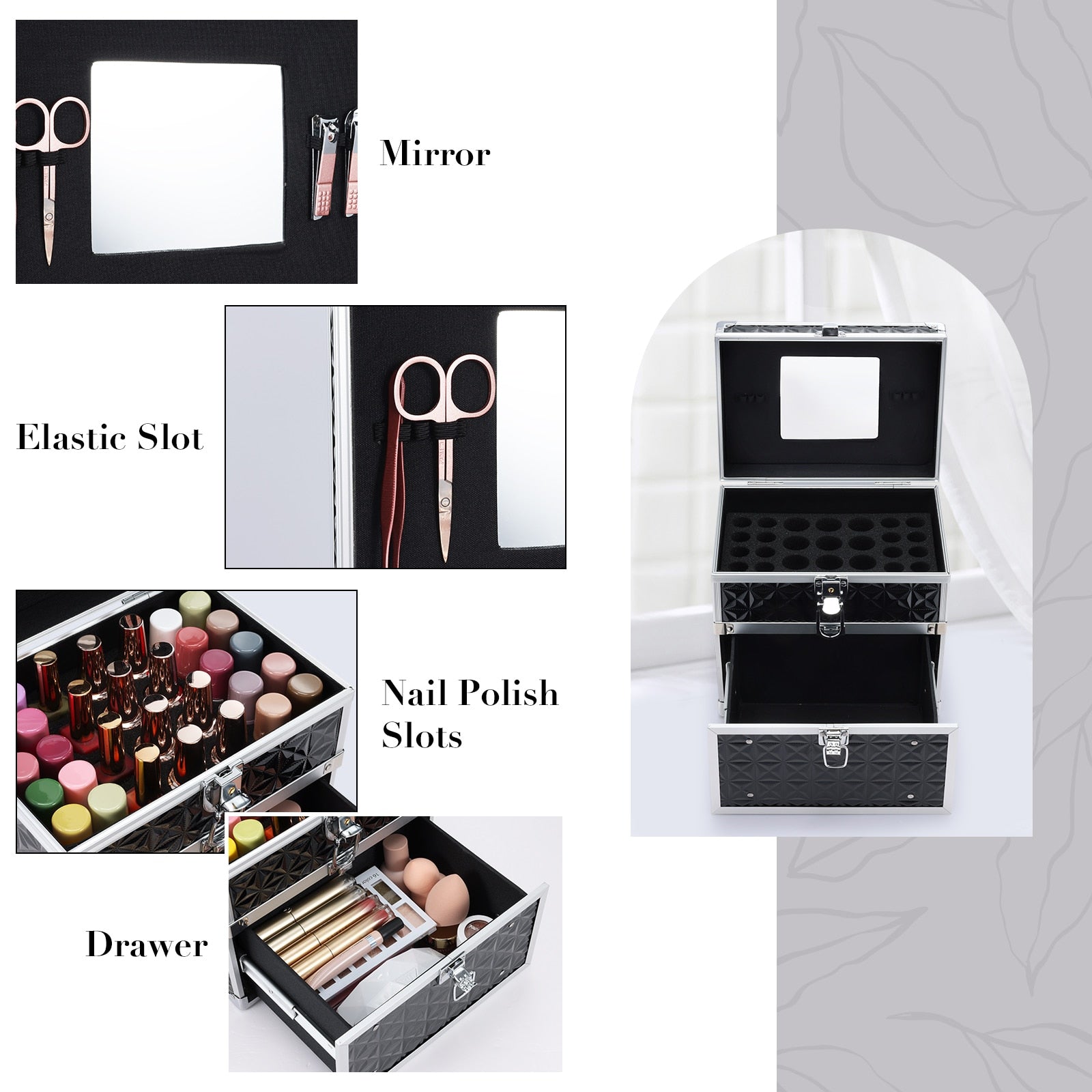 Portable Makeup Box Alloy Make up Train Case Manicure Polish Storage Organzier Beauty Suitcase with Mirror Drawer for Nail Tech