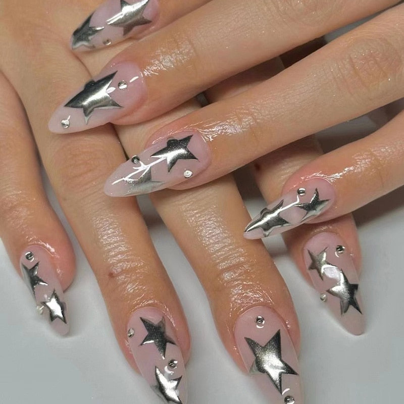 Sweet Cool Silver Stars Rhinestone Wearable Almond Shape Fake Nails Y2K Finished False Nails Press on Nails with Glue Wholesale
