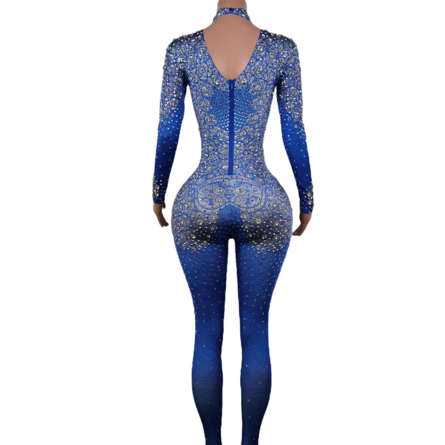 Sparkle Blue Rhinestones Jumpsuit Woman Stretch Leggings Singer Costume Birthday Party Club Stage Outfit Spandex Yatelandisi