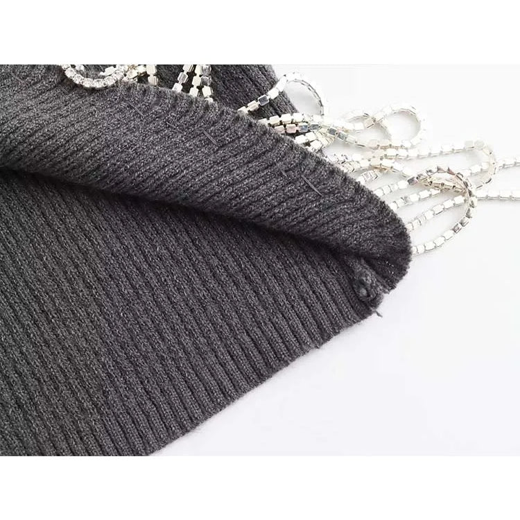 Women Fashion V Neck Ribbing Knitting Short Blouse Female Hem Diamond Tassel Slim Shirt Female Chic Blusas Tops