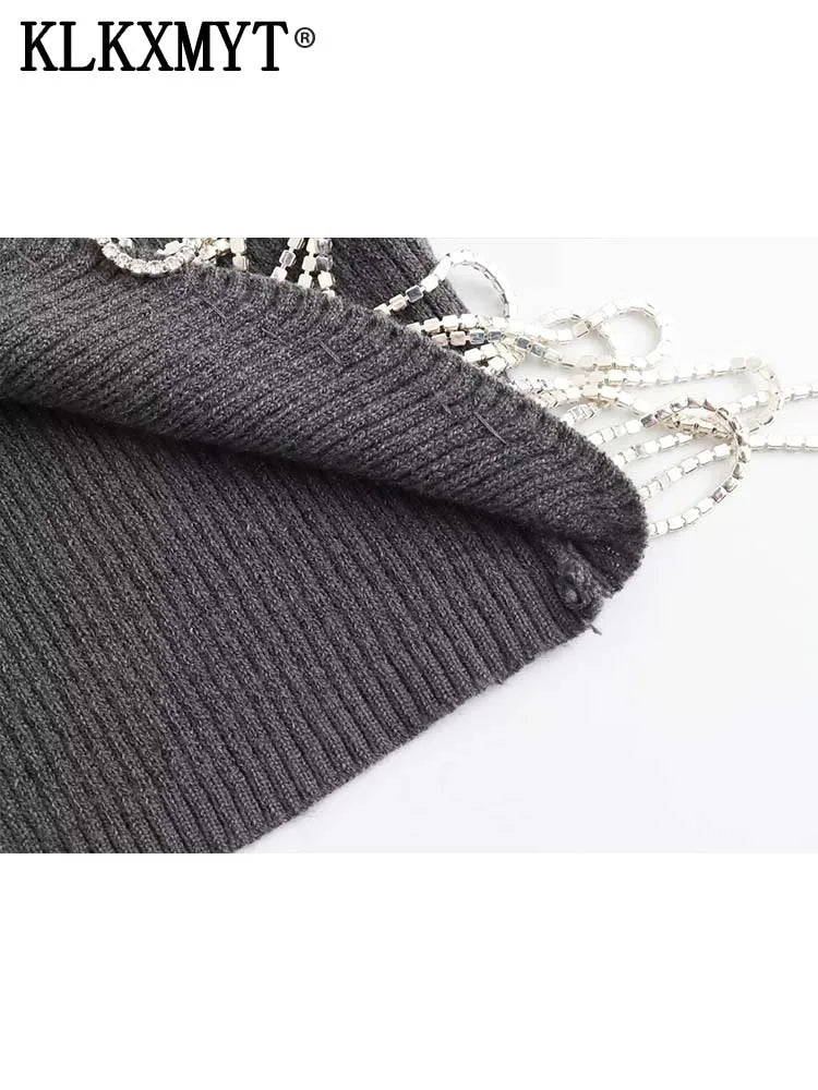 Women Fashion V Neck Ribbing Knitting Short Blouse Female Hem Diamond Tassel Slim Shirt Female Chic Blusas Tops