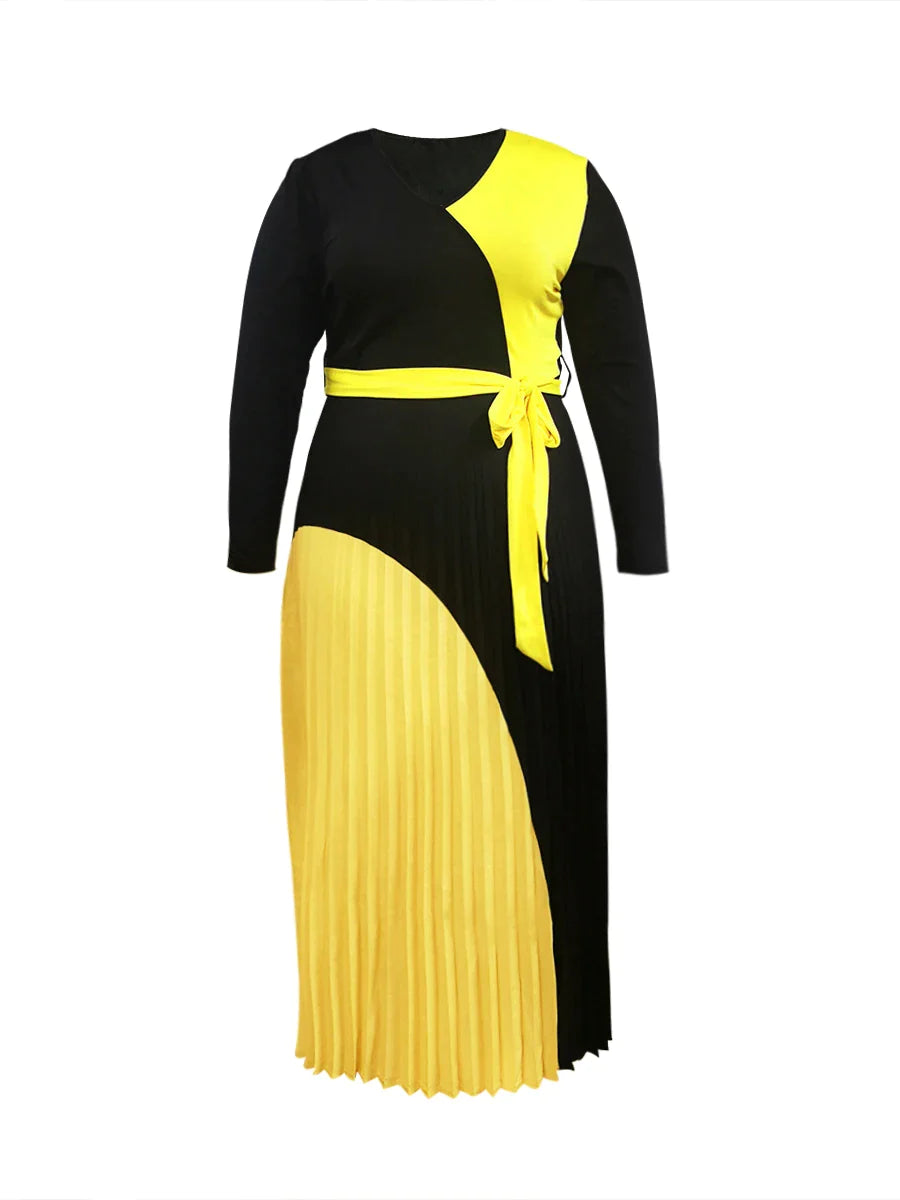 Elegant Fall Maxi Dresses Bandage Design Tiered Pleated A Line Dress Belted Long Sleeve V Neck Flowy Patchwork Vestidos