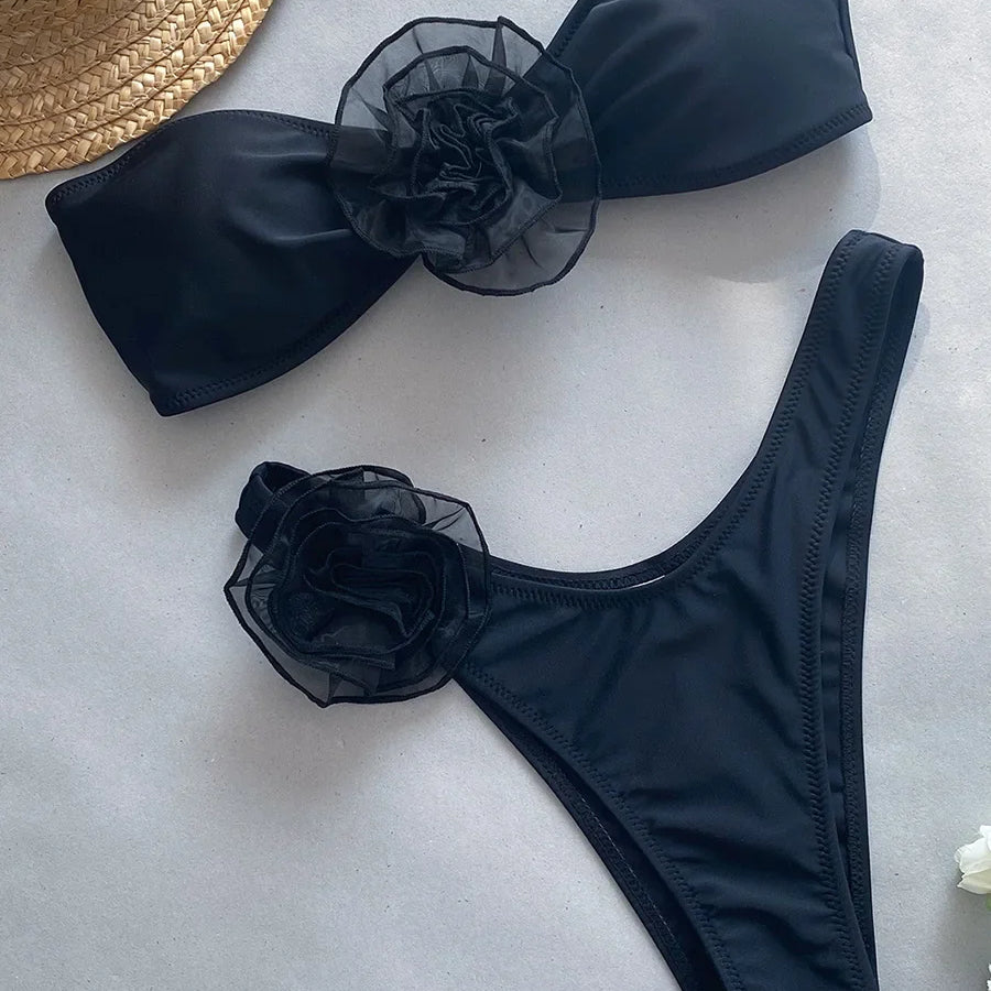 3D Flowers Brazilian Strapless Bandeau Bikini Female Swimsuit Women Swimwear Two-pieces Bikini Set High Cut Bathing Suit Swim B888Black2