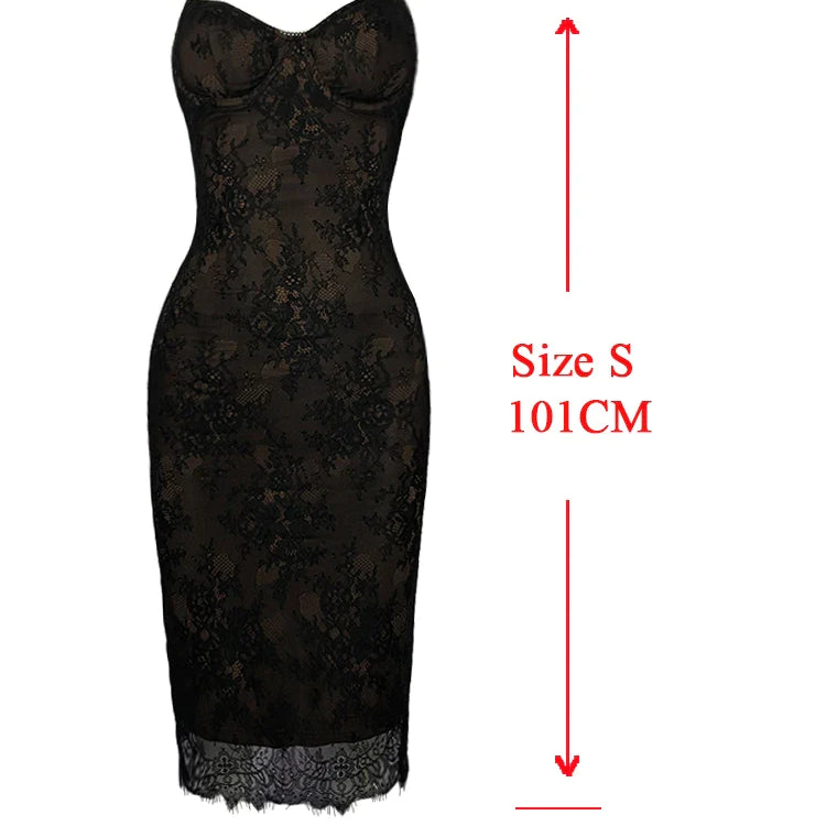 Suninheart Knee Length Lace Spaghetti Strap Dress Sexy Bodycon Party Dresses Black Slim Birthday Night Women Clothing