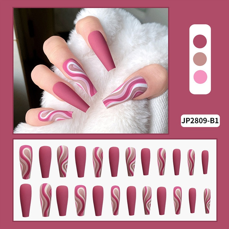 Sea Wave Carp Japanese Style Doodle False Nails Detachable Nude Pink Long Coffin Fake Nails with Glue Full Cover Press on Nails MT592JP2809B1