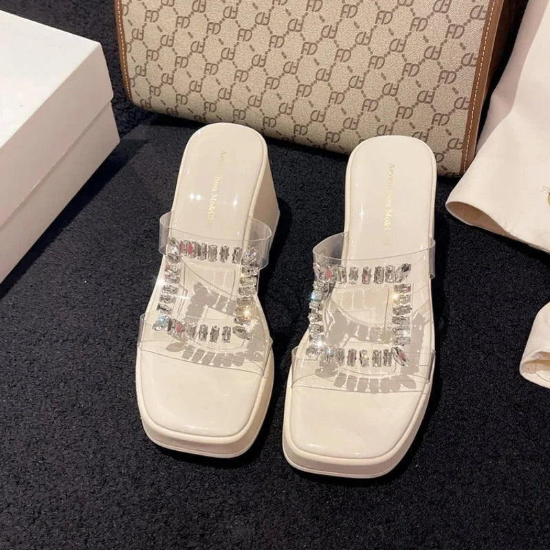 Women Platform Wedges Sandals High Heels Shoes Summer Flip Flops Beach Sandals Femme Designer New Dress Crystal Slides