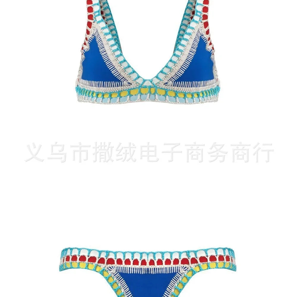 Hand Crocheted Bikini Knitted Splicing SWIMSUIT SET Plus Size Swimwear Women Sapphire Blue