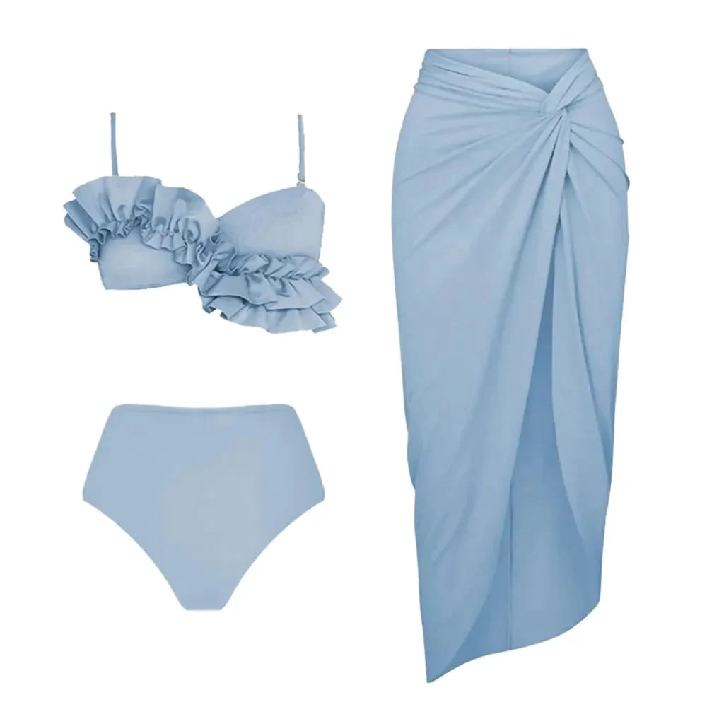Fashion Solid Color Printed Bikini Lotus Leaf Sling Swimsuit Halter Elegant Waist Split Beach Dress