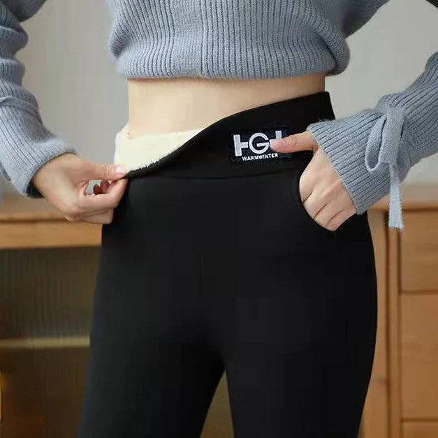 Winter Women Leggings Solid Warm Leggings Thicken Lambwool Hight Waist Fleece Keep Butt Lift High Stretchy Walking Pants Pocket Black