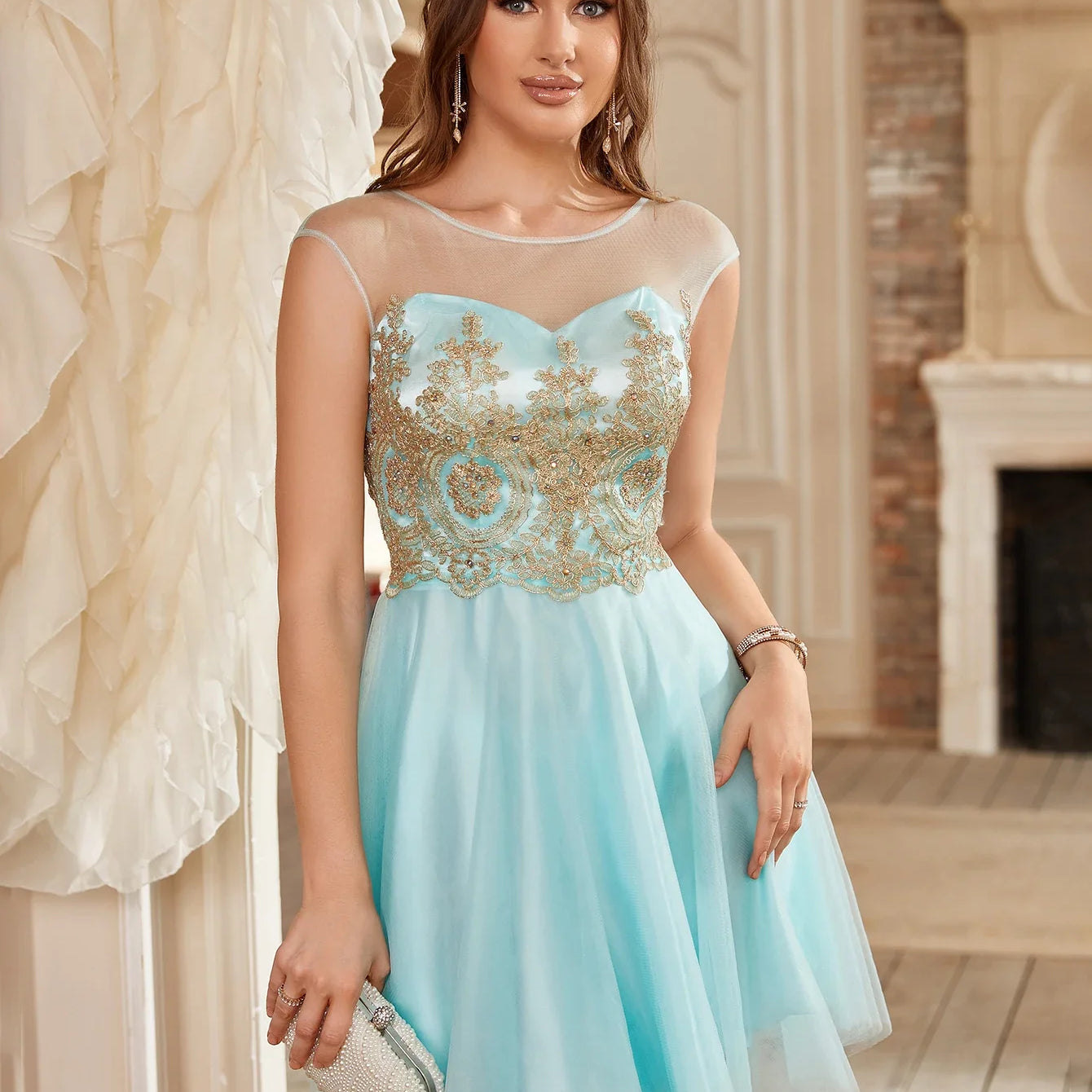 Mint Green Golde Appqulies Beads Bridesmaid Dresses for Women Wedding Party A Line Short Knee Length Sweetheart Gowns