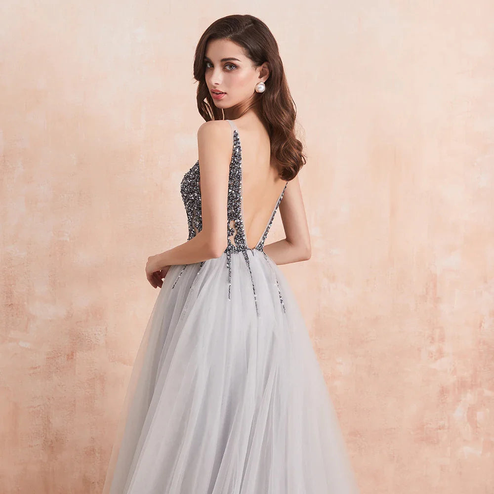 Sexy V Neck Evening Dresses for Women Green Crystal Beaded Beads Backless Prom Formal Gown