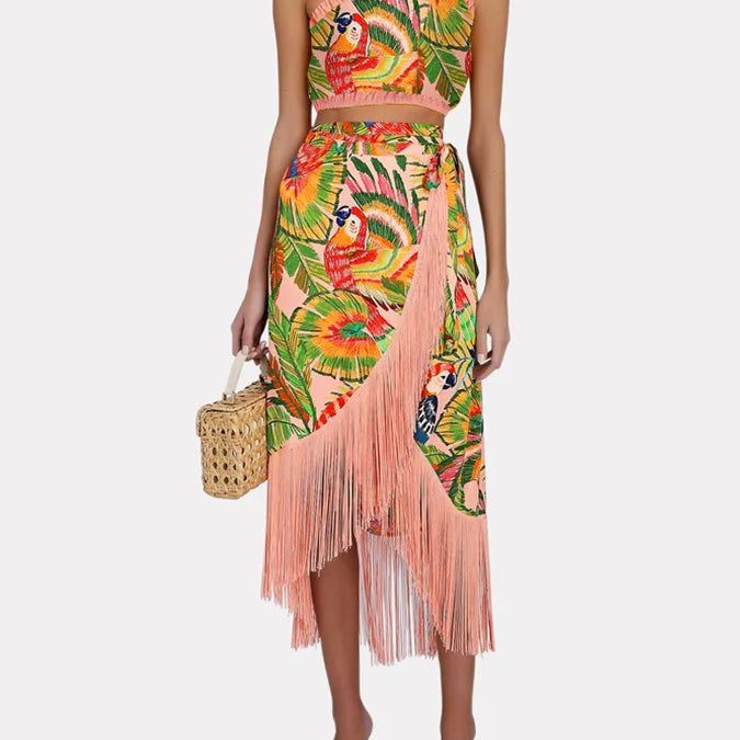 Vintage One-Shoulder Embroidered Print Bikini And Fringe Skirt Sexy Lingerie For Women Fashion Luxury Elegance Slim Fit Gold