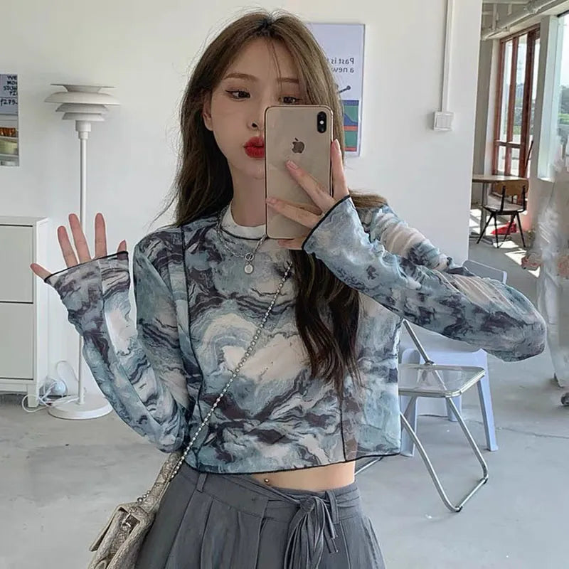 Long Sleeve T-shirts Women Tie-dye Printed Summer Sun-proof Cropped Tops Fashion High Street Gauze Korean Style Chic Teens Retro Lnk Blue