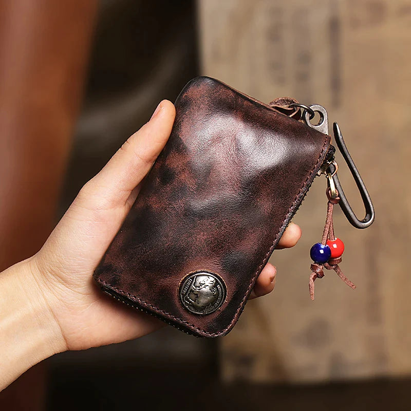 First Layer Leather Key Wallet for Men Short Vintage Handmade Car Key Holder Coin Purese Card Case Bag Organizer Housekeeper Coffee
