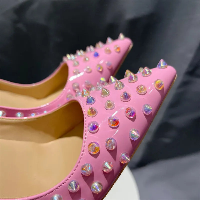 Shiny Spikes Women Patent Pink Pointy Toe Sexy High Heel Party Shoes Rivets Studs Ladies Slip On Stiletto Pumps 8-12cm