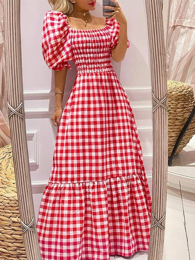 VONDA Summer Long Maxi Dress Women 2024 Casual Short Sleeve Square Collar Vintage Plaid Party Bohemian Vestidos Loose Sundress