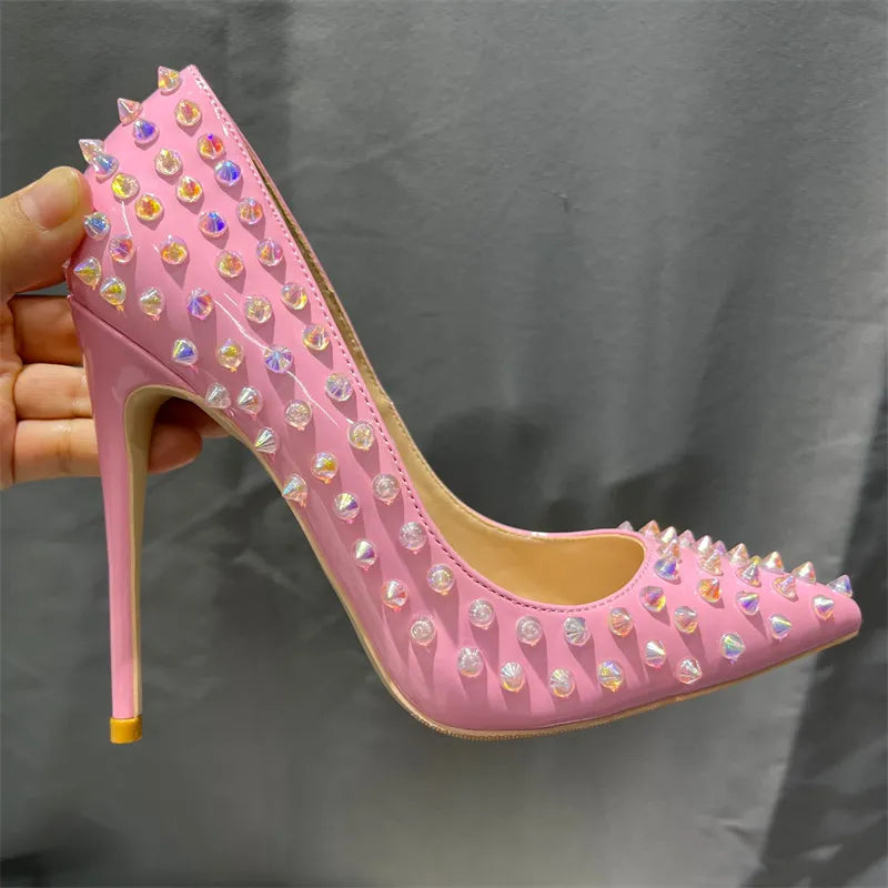 Shiny Spikes Women Patent Pink Pointy Toe Sexy High Heel Party Shoes Rivets Studs Ladies Slip On Stiletto Pumps 8-12cm