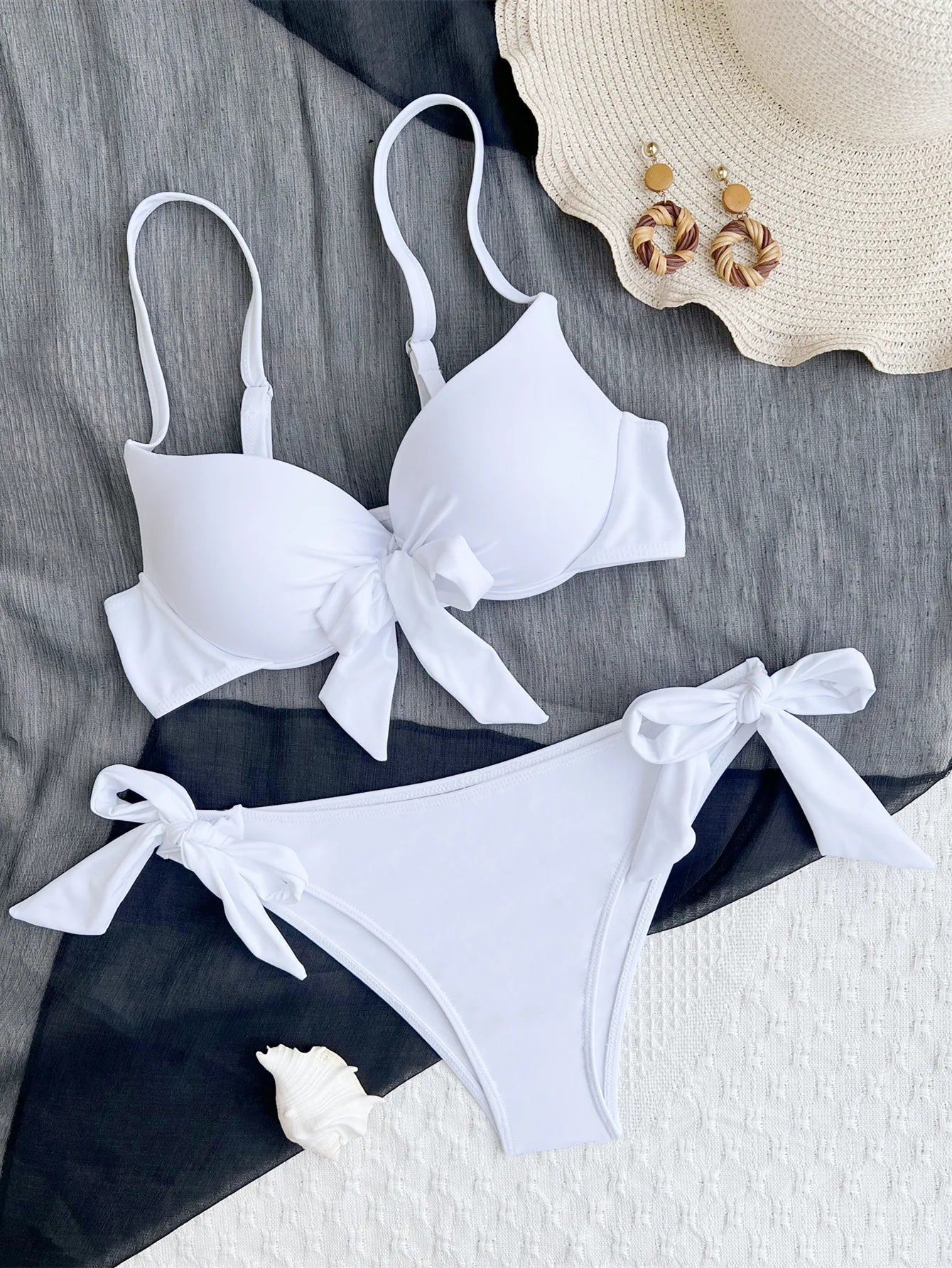 sexy front bow knot push up bikinis two pieces solid swimsuit tie bikini swimsuit Swimwear Biquini conjunto de bikini tankini WHITE