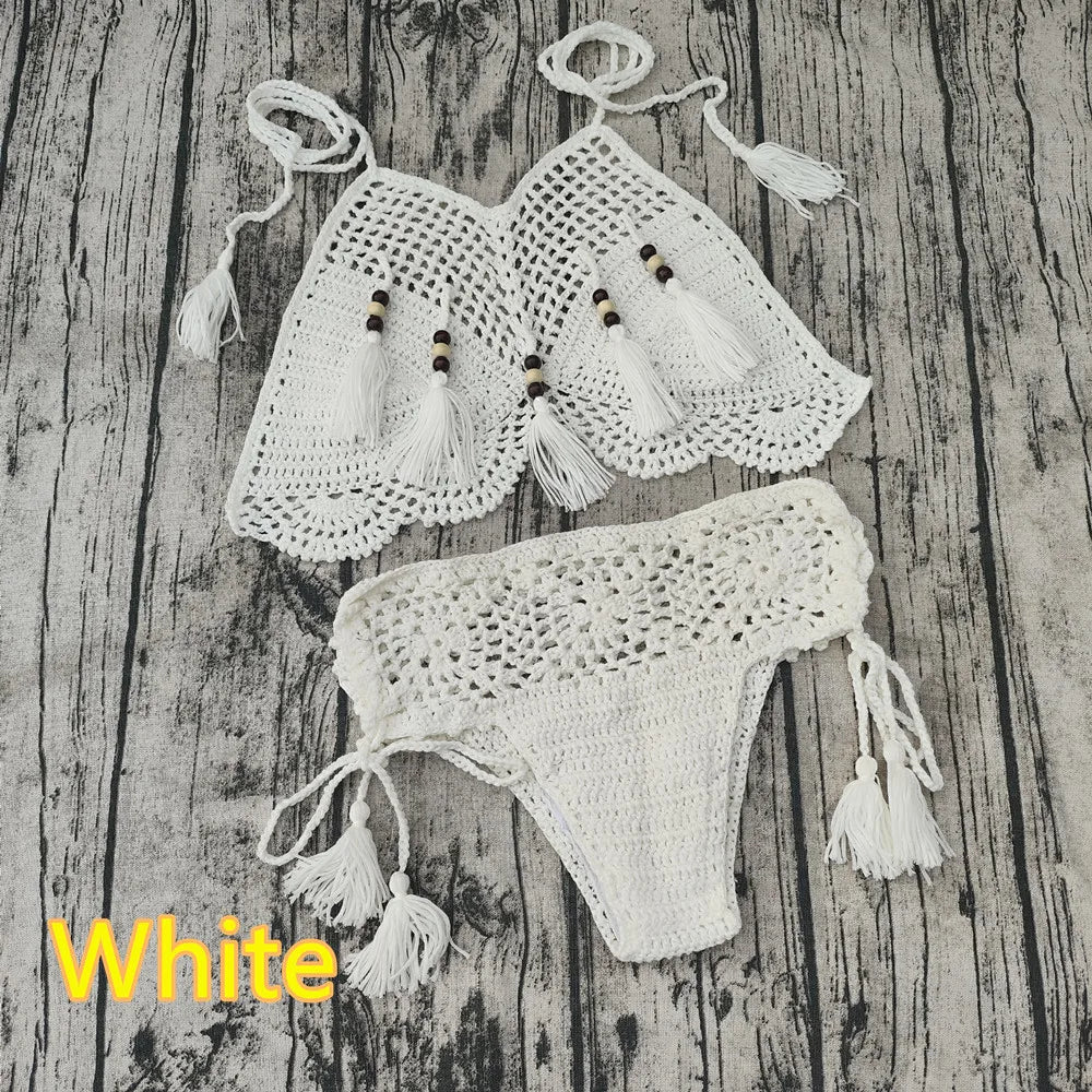 Vintage Boho Hand Crochet Bikini Set Wooden Bead Fringe Crop Swimwear White