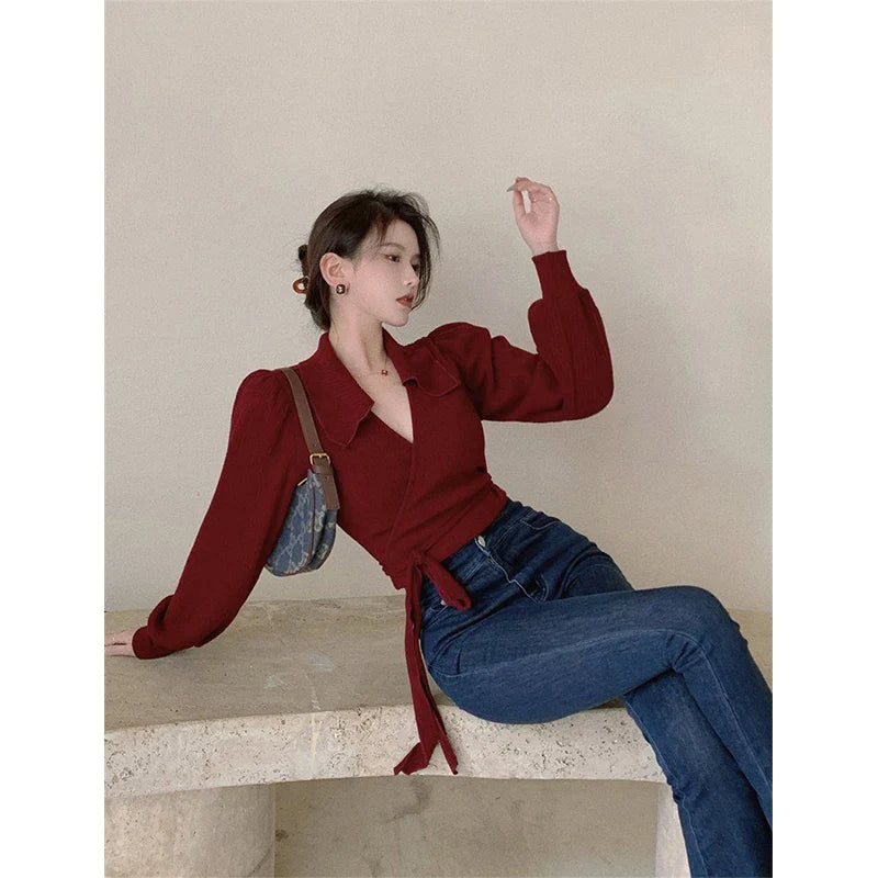 Vintage Cropped Sweater Women Bandage Knitted Pullovers Streetwear Korean Lantern Sleeve Knitwear Elegant Bodycon Jumpers