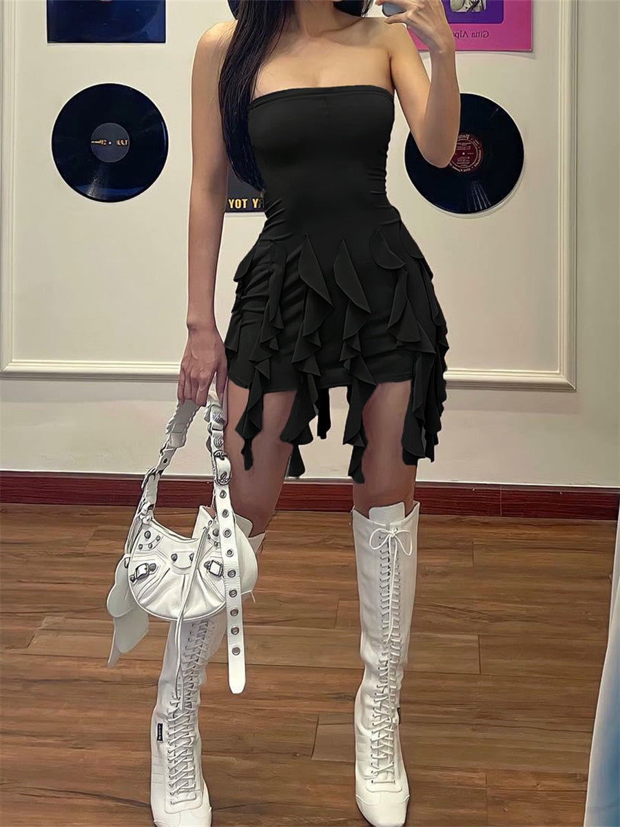 Summer Women Fairy Ruffle Tassels Bodycon Dress Women Off-Shoulder Strapless Irregular Mini Dress Streetwear