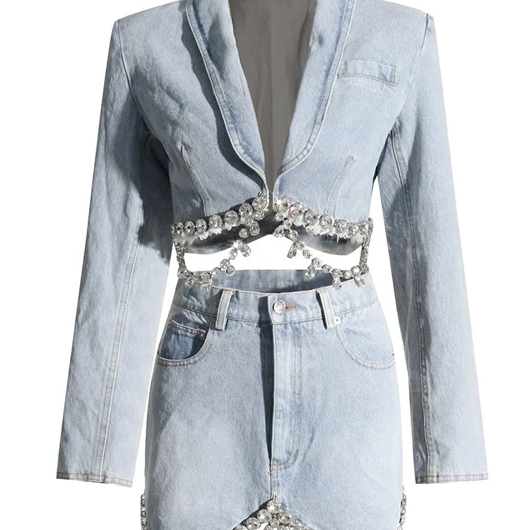 Spliced Diamonds Tassel Denim Two Piece Set For Women Lapel Long Sleeve Coat High Waist Mini Skirt Fashion Set 2023 LIGHTBLUE SET