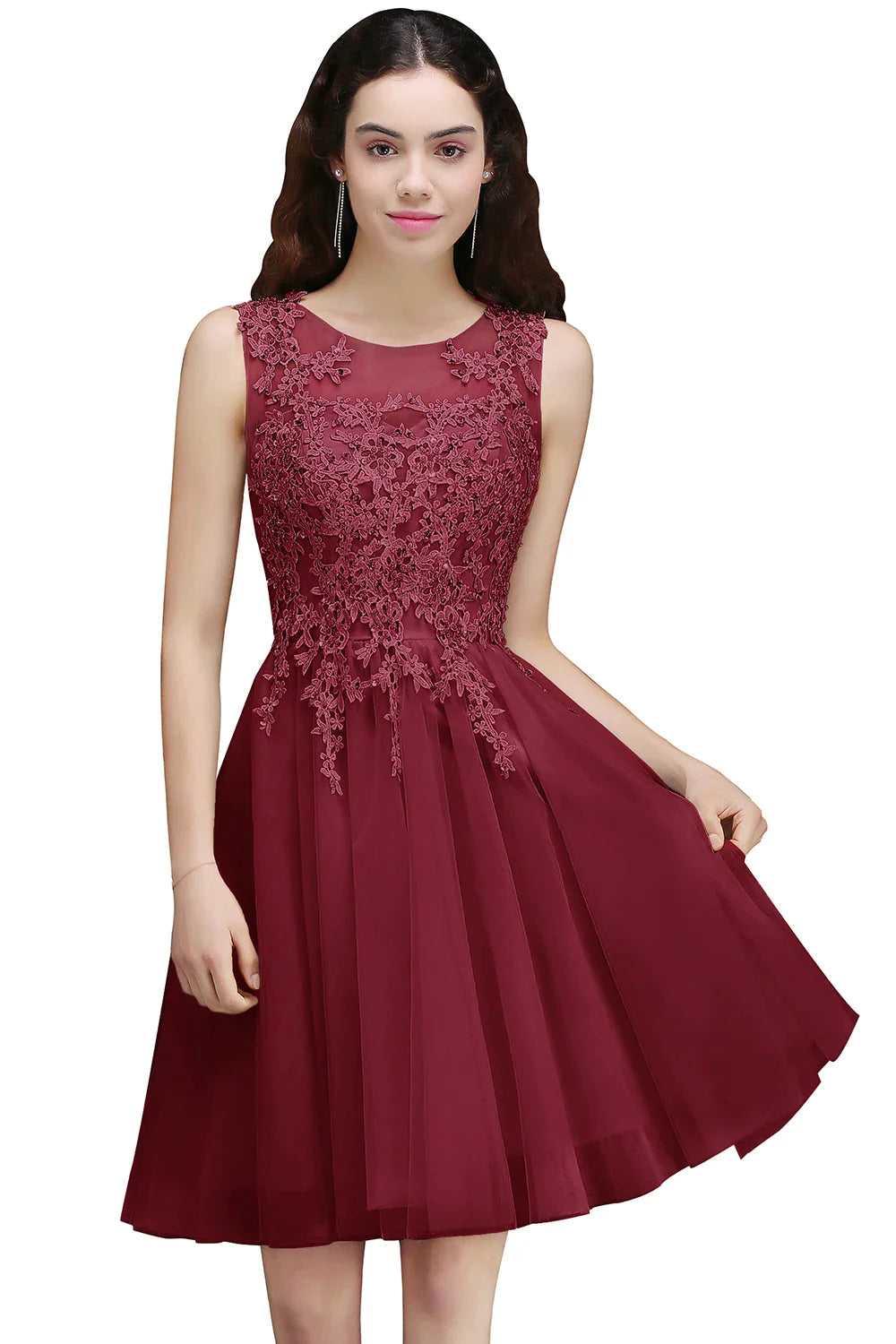 Short Homecoming Dress Illusion Neckline Sleeveless Floral Appqulies Evening Dress With Integrated Cup Chiffon Skirt Burgundy