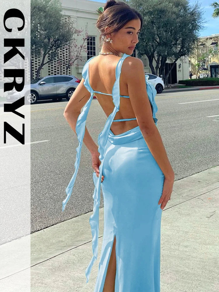 Ladies Summer Ruffle Y2K Clothes Sleeveless Backless Bandage Bodycon Maxi Dresses For Women Fashion Birthday Party Club Wear