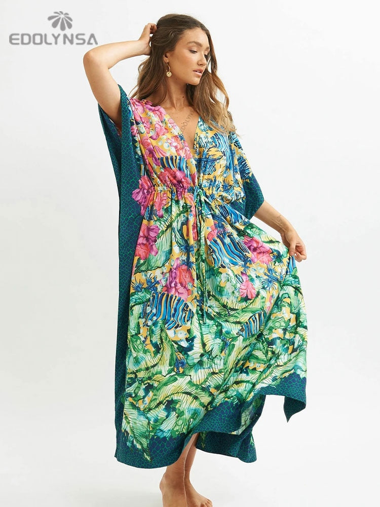 Plus Size Kaftan Beach Tunic Women Summer Beachwear Swimsuit Cover Up 1087