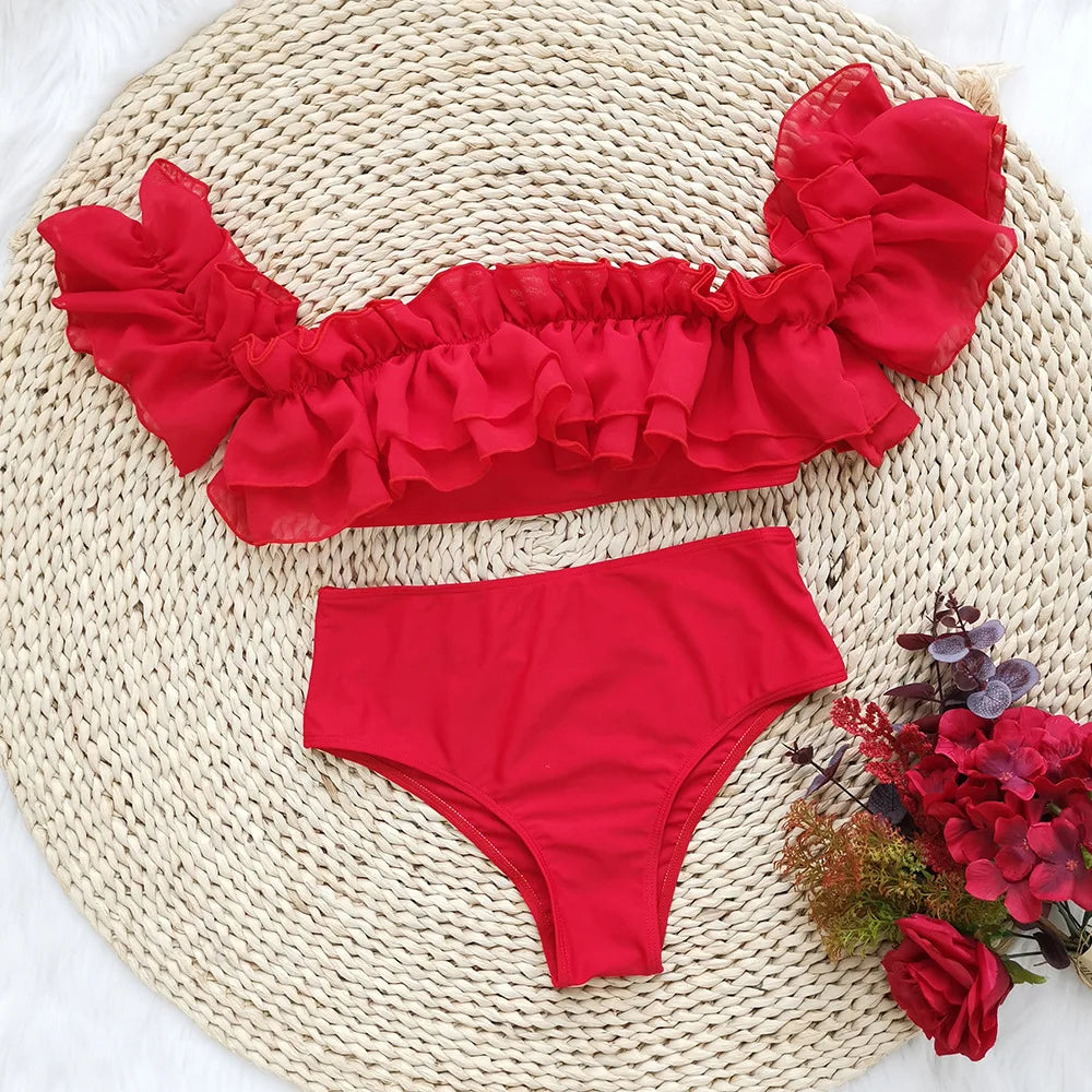Sexy Red Ruffle Bikinis Swimsuits Women High Waist Swimwear Off Shoulder Bathing Suit Beachwear Bandeau Biquini