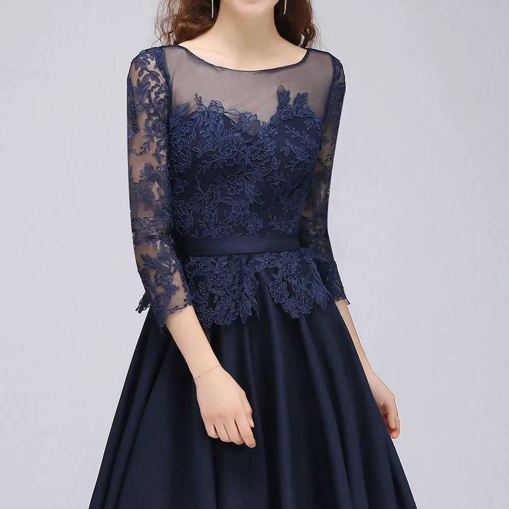 A-line Scoop Long Sleeves Lace Homecoming Dress Chiffon A Line Skirt Short Knee-Length Formal Party Gown Prom