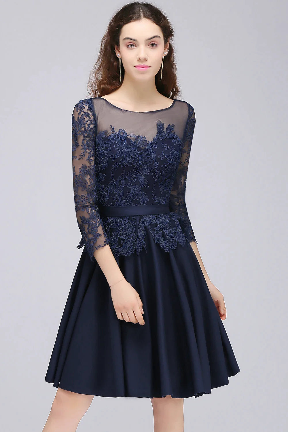A-line Scoop Long Sleeves Lace Homecoming Dress Chiffon A Line Skirt Short Knee-Length Formal Party Gown Prom
