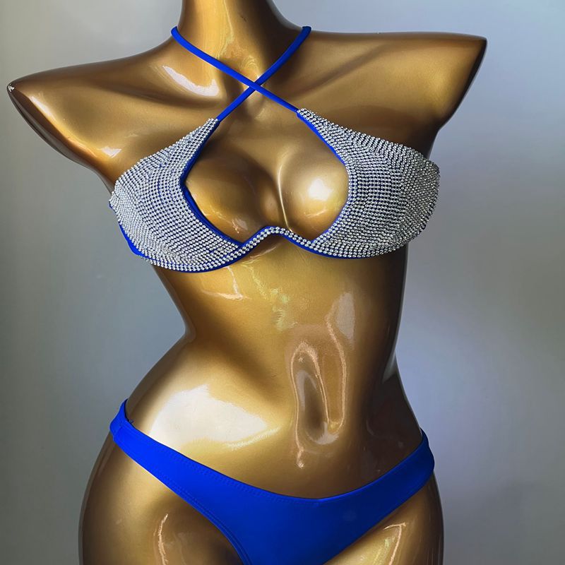 Sexy Push Up Gathered Triangle Bikini Luxury Rhinestone Crysta Diamond Women's Swimwear Summer Shiny Blue Swimsuit Biquini