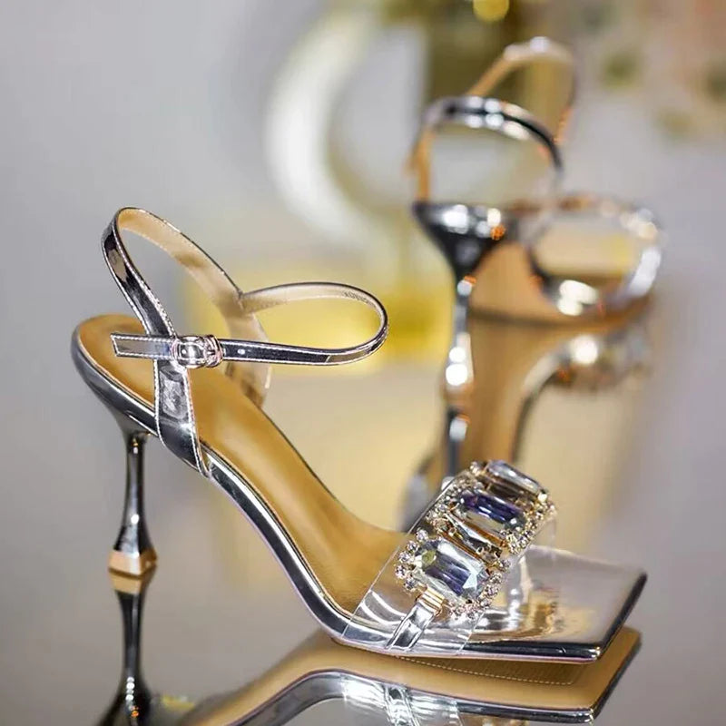 Gold Silver High Heels Sandals Women Summer Square Toe Shiny Crystal Sandals Woman Ankle Straps Thin Heel Party Pumps Shoes Silver
