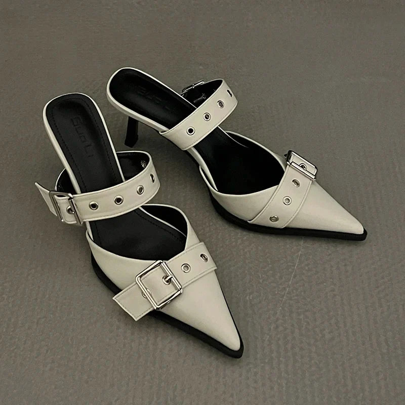 Punk Goth Metal Buckle High Heels Women's Sandals Summer Pointed Toe Silver Party Shoes Fashion Womens Pumps Shoes Tacones Beige 8cm Heel high